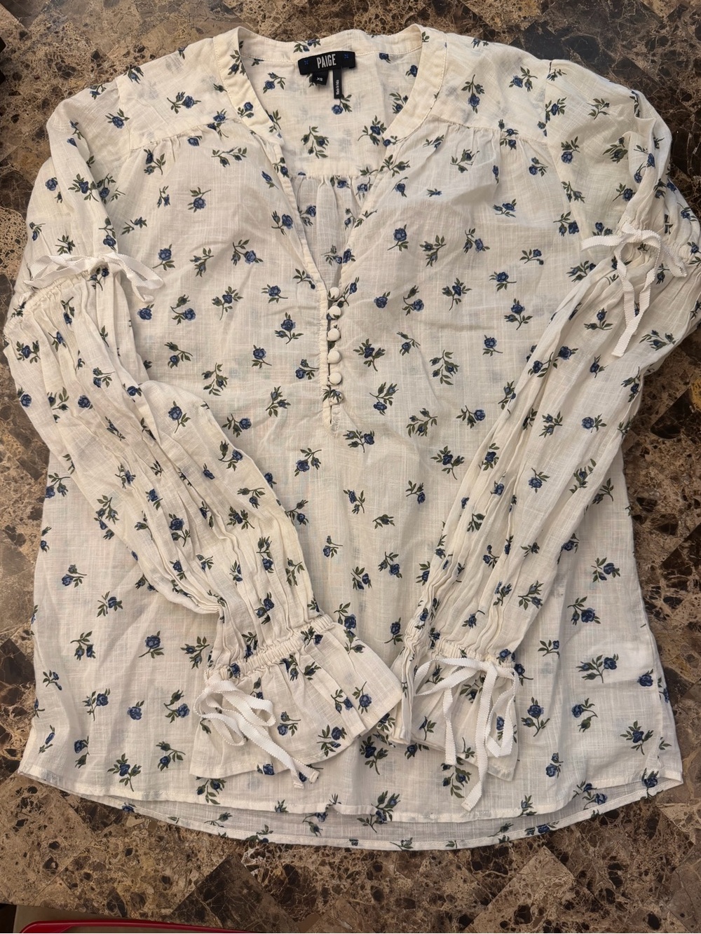 PAIGE Yardley Ivory Blue Floral Split V-Neck Blouse Boho Tie Sleeve XS